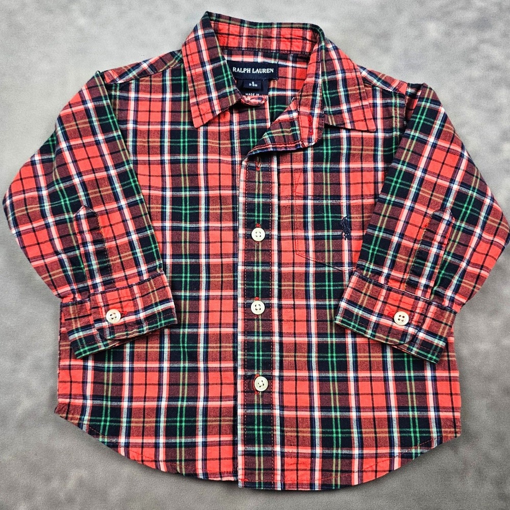 Ralph Lauren Button Down Plaid Preppy Y2K Pony Logo Shirt Orange Green 3-6M
